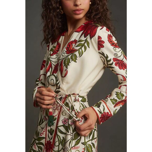 New Anthropologie Farm Rio Long-Sleeve Printed Wrap Mini Dress Size Large - Picture 3 of 8